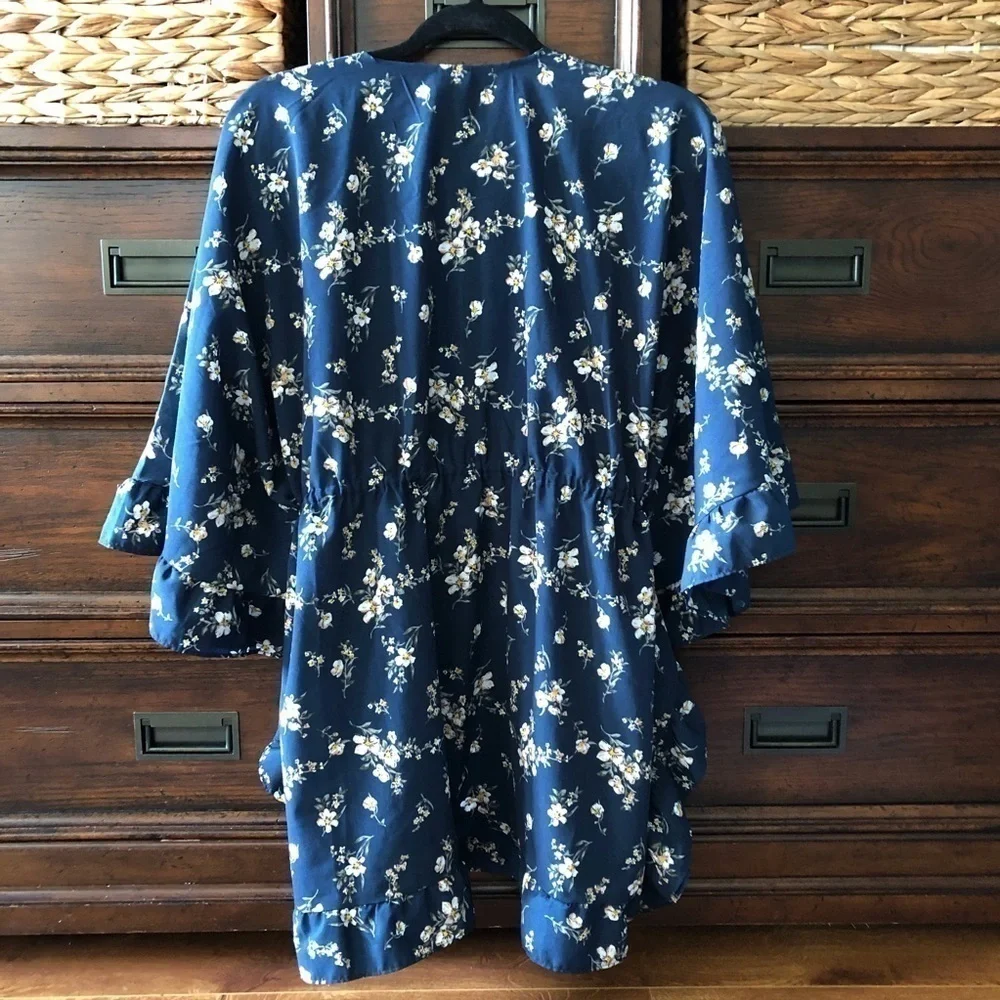 Navy ruffle floral print tie robe like top in size S-M